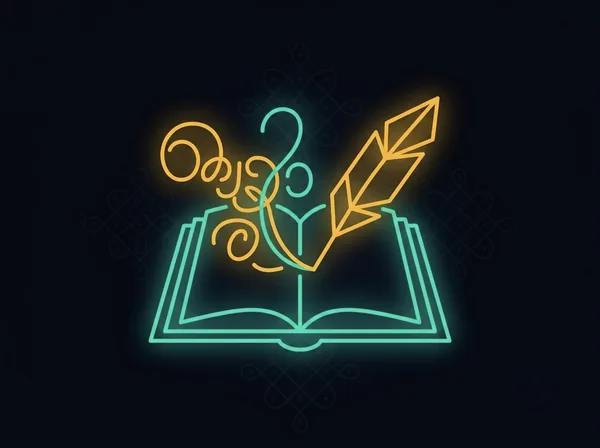 An open book with a quill and flowing script