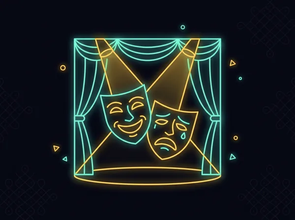 Two theatre masks under stage spotlights